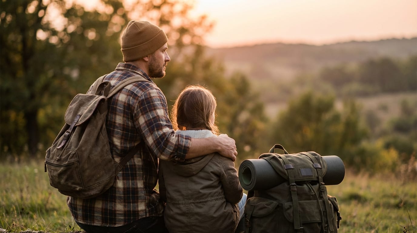 Ojciec i dziecko z plecakiem ewakuacyjnym, bezpieczeństwo rodziny, przygotowanie na kryzys