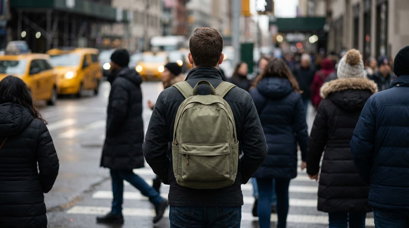Osoba z plecakiem trekkingowym w miejskim tłumie, symbolizująca dyskrecję i zasadę 'Gray Man'.