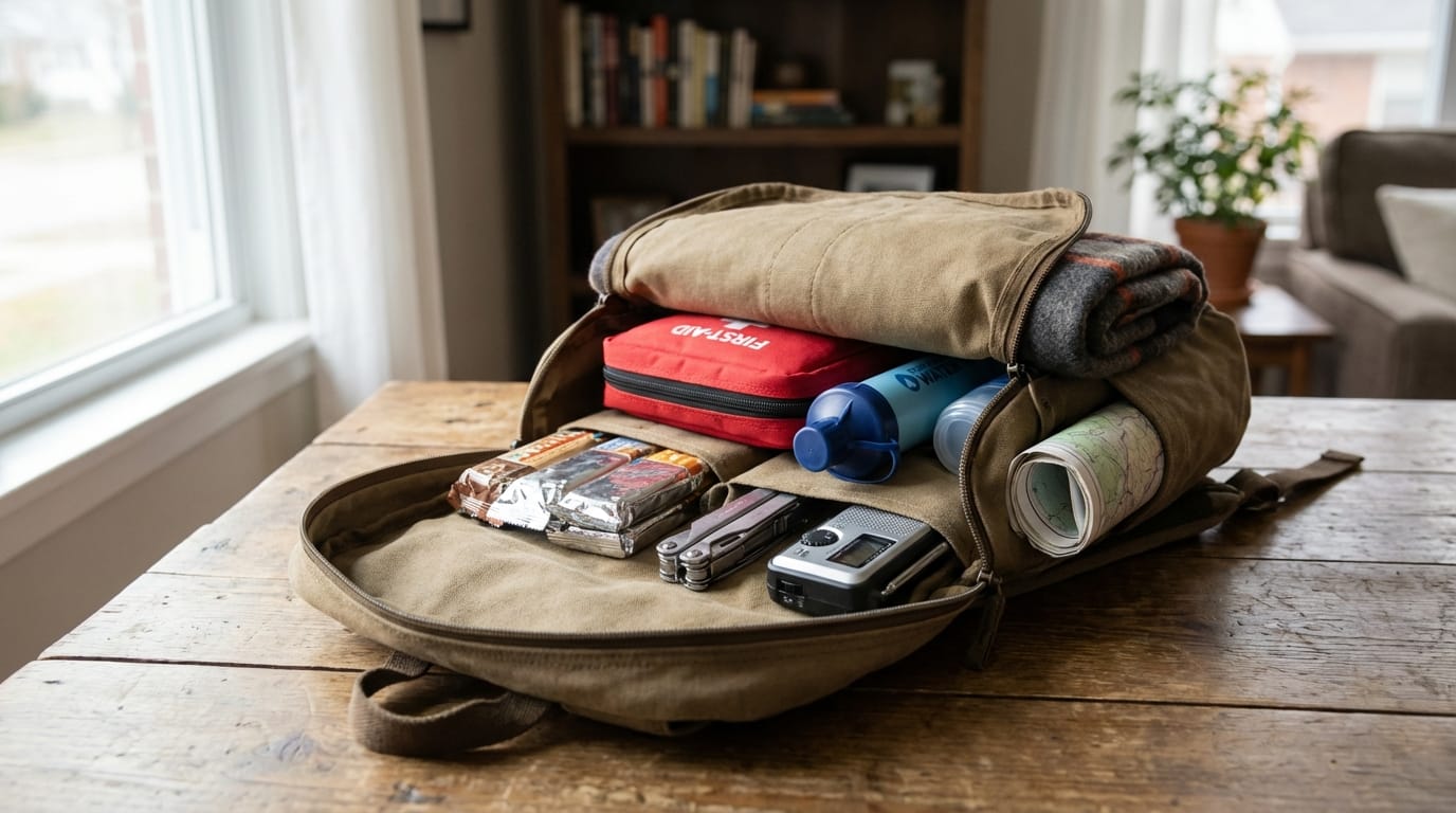 Zorganizowany plecak z wyposażeniem survivalowym dla rodziny, apteczka, jedzenie, woda, latarka