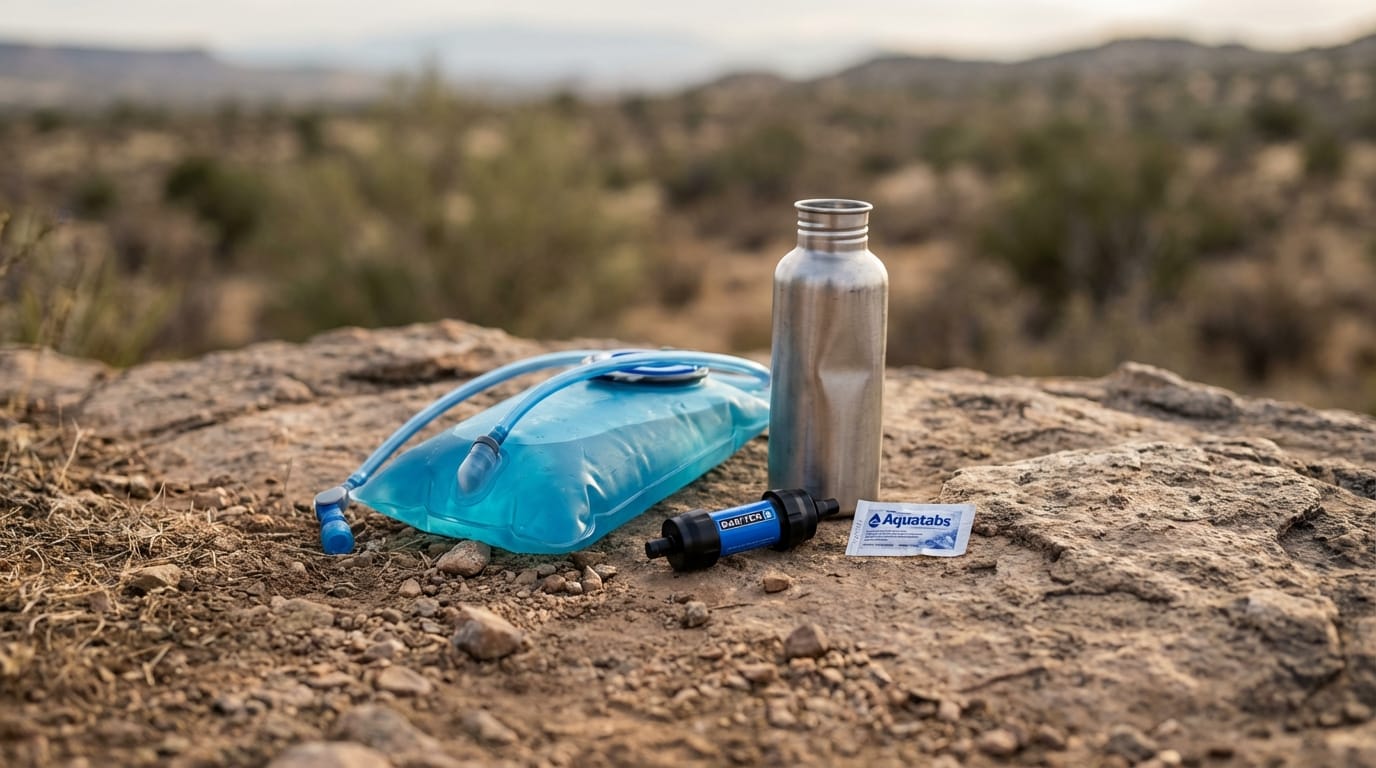 Sprzęt do uzdatniania i przenoszenia wody: bukłak, butelka, filtr Sawyer Mini, tabletki