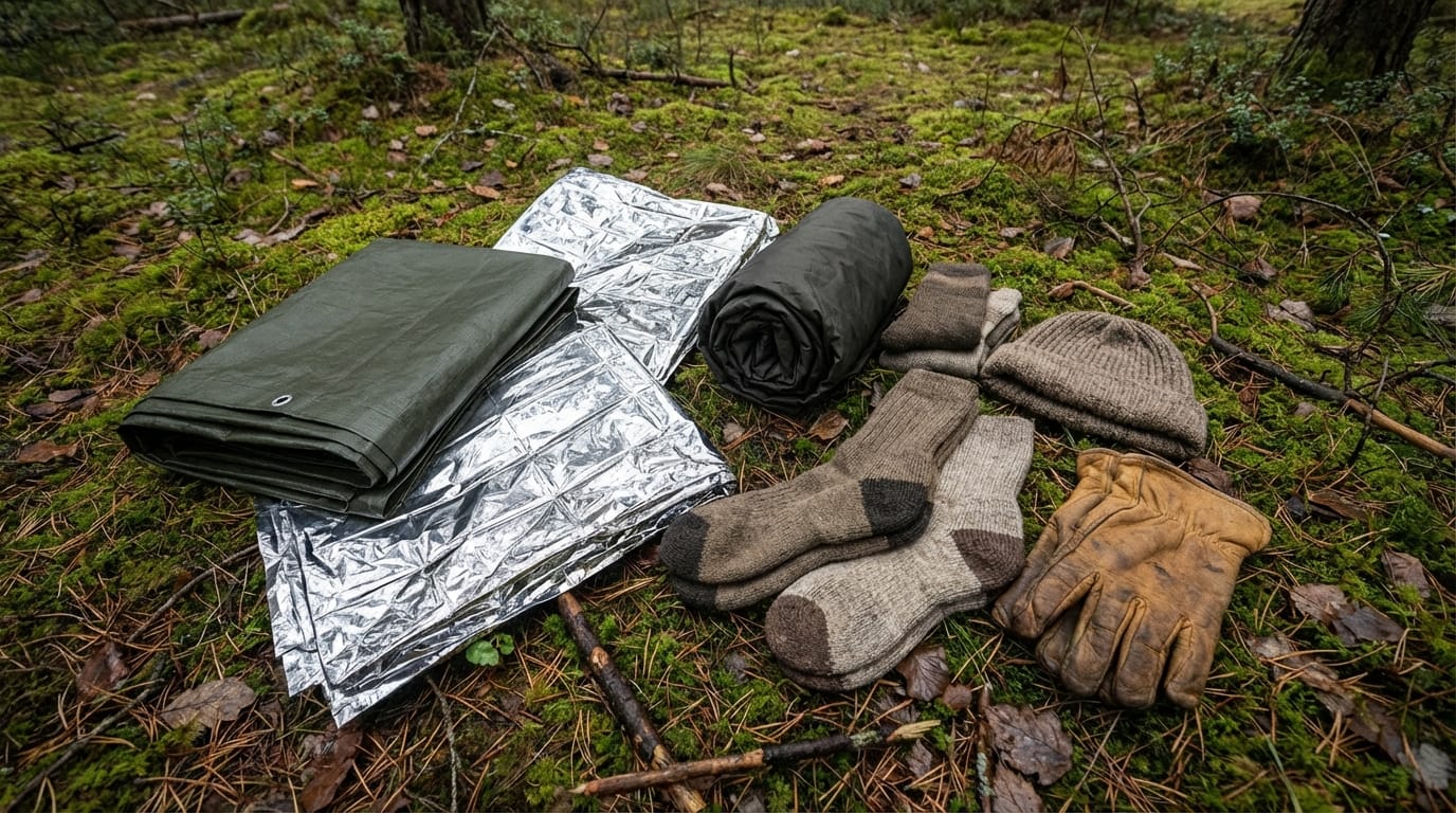 Sprzęt survivalowy: tarp, folia NRC, poncho, wełniane skarpety, czapka, rękawiczki, leżące na ziemi w lesie.