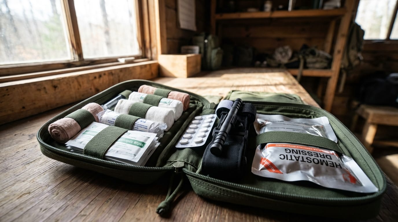 Zdjęcie apteczki survivalowej z plastrami, gazą, stazą taktyczną i opatrunkiem hemostatycznym. Gotowość na urazy.