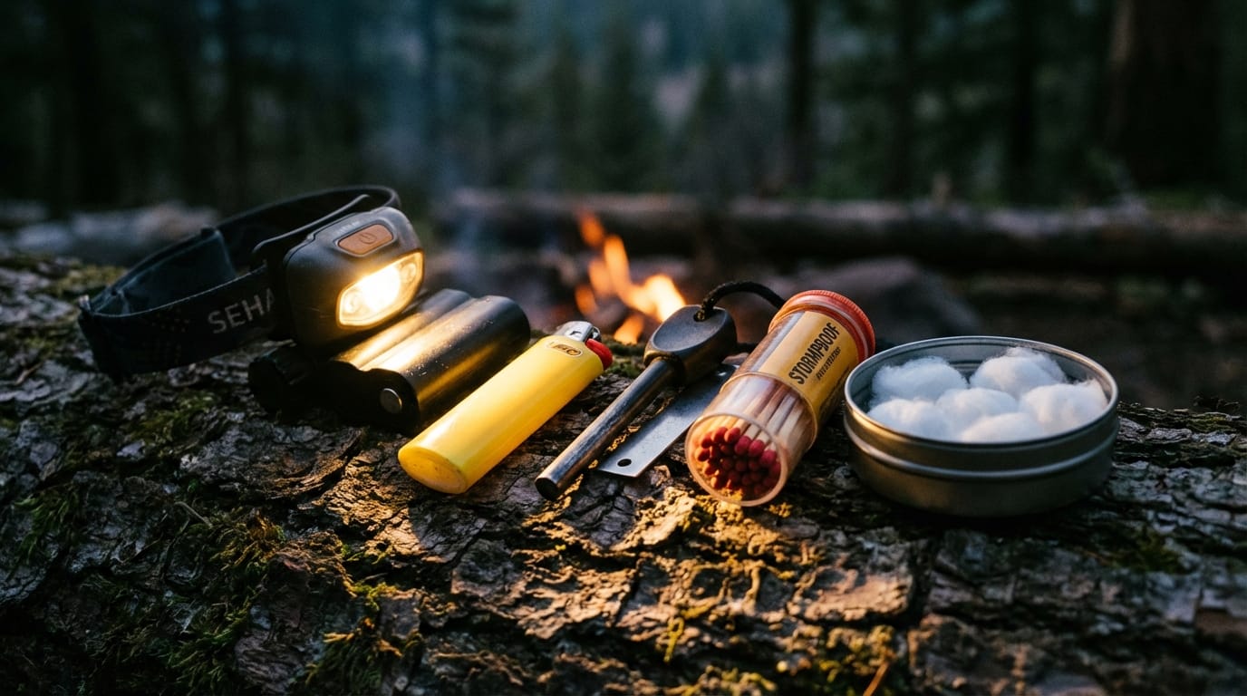 Podstawowe wyposażenie survivalowe: latarka czołowa, zapalniczka, krzesiwo, zapałki, rozpałka