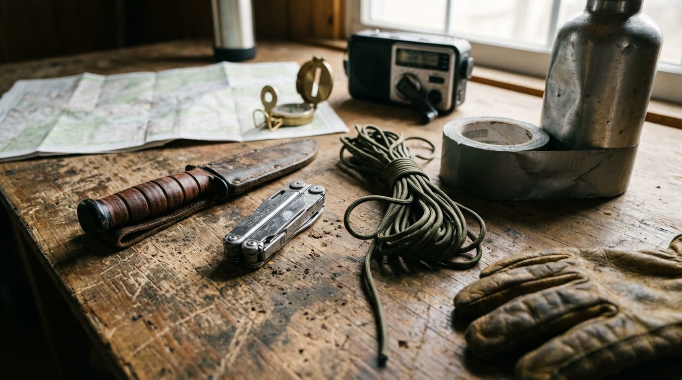 Zestaw narzędzi survivalowych: nóż, multitool, paracord, mapa, kompas, radio, powerbank.