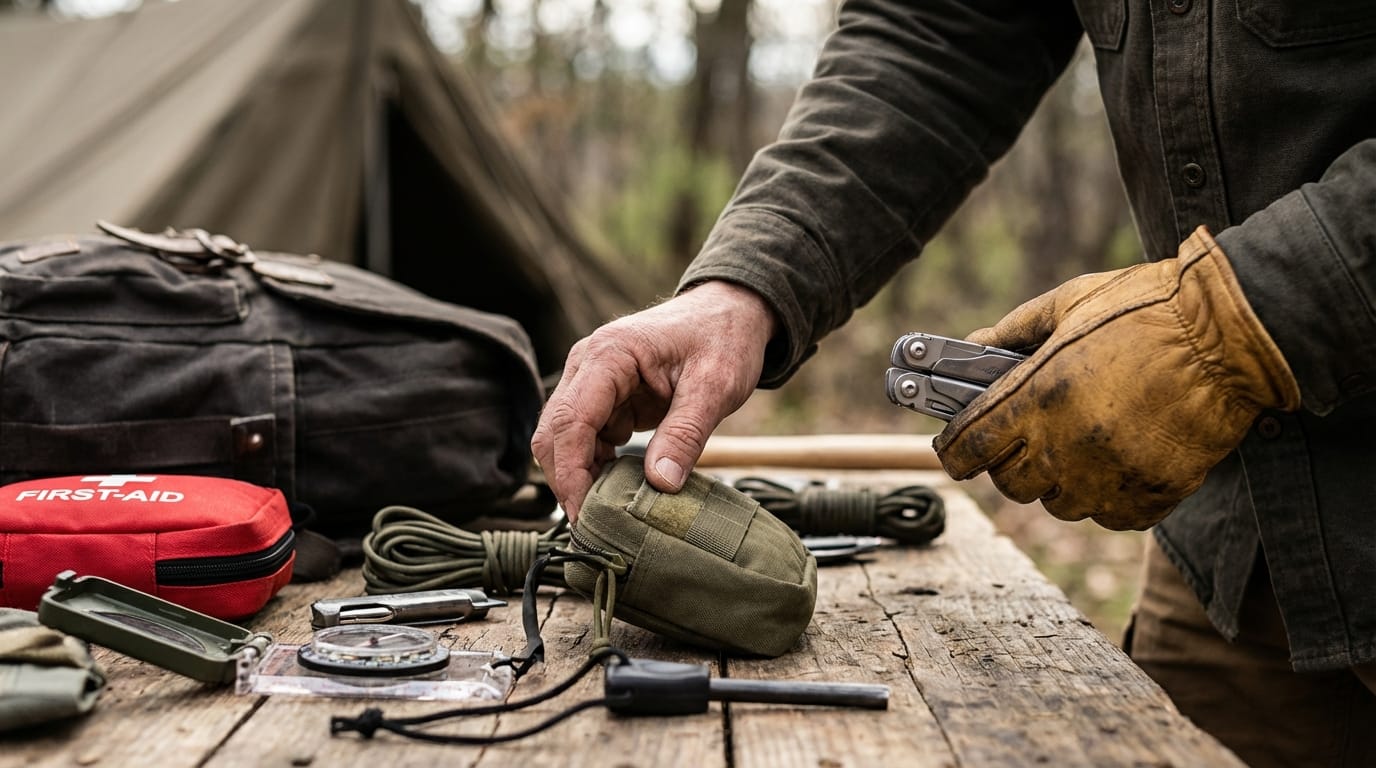 Ręce składające ekwipunek survivalowy, obok plecak i apteczka. Kompletowanie sprzętu.