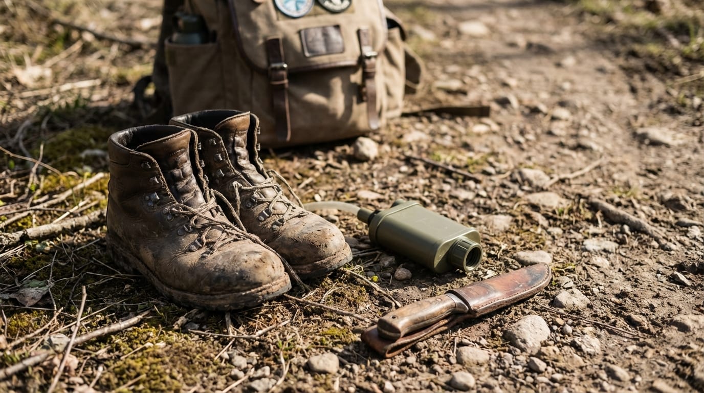 Podstawowy sprzęt survivalowy: buty, filtr wody, nóż, plecak na ziemi