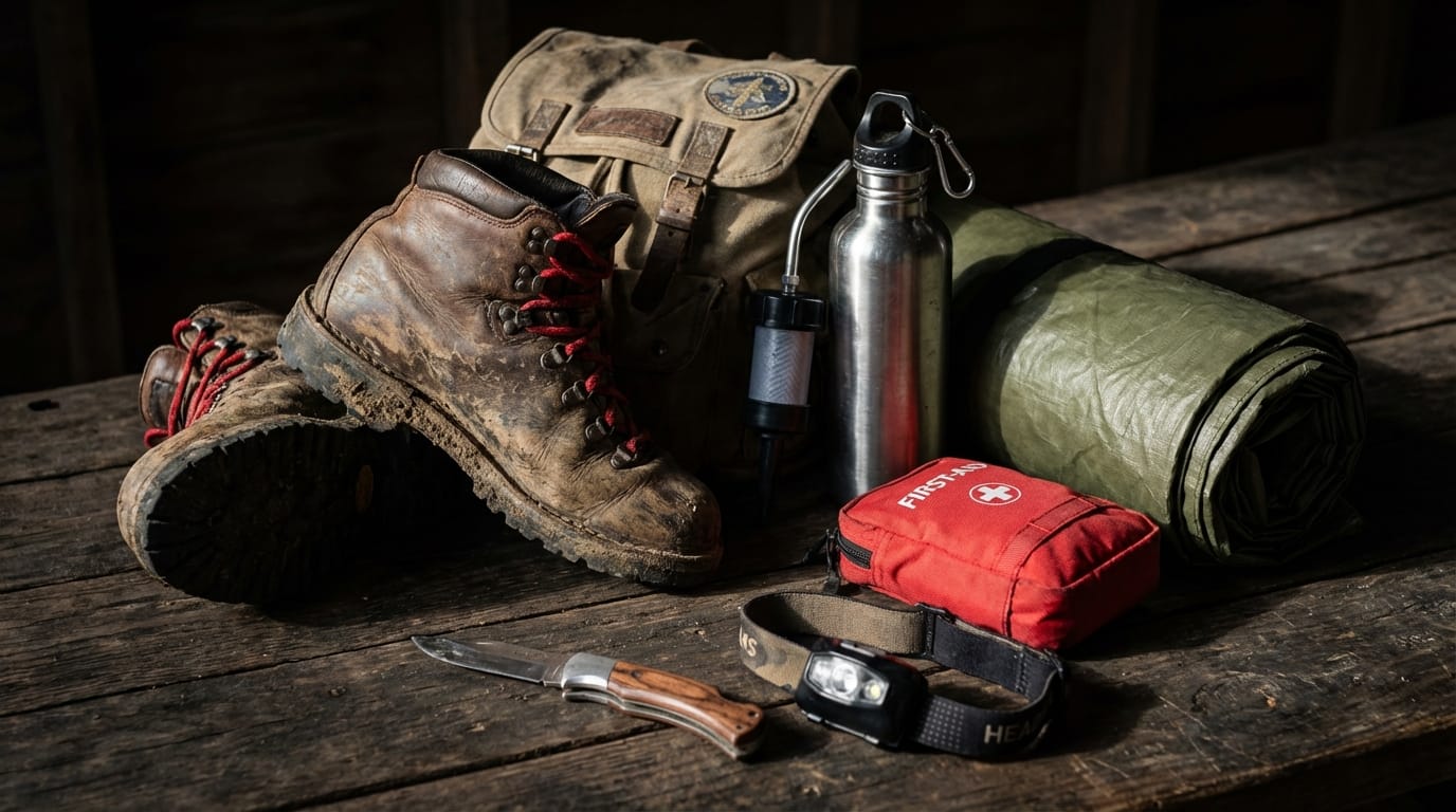 Rozłożony sprzęt survivalowy: plecak, buty, filtr wody, apteczka, tarp, nóż, latarka. Plan zakupów.
