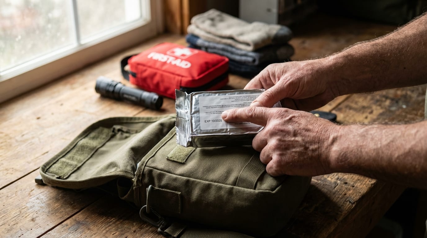 Osoba sprawdzająca datę ważności jedzenia w plecaku ewakuacyjnym, przegląd zestawu survivalowego