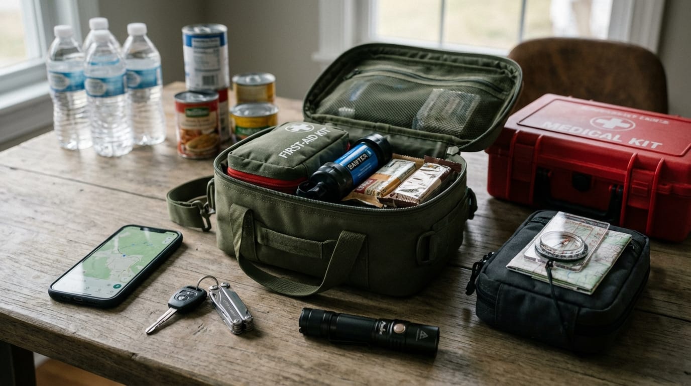 Zorganizowany zestaw survivalowy: plecak ewakuacyjny, EDC, GHB, zapasy domowe. Przygotowanie na kryzys.