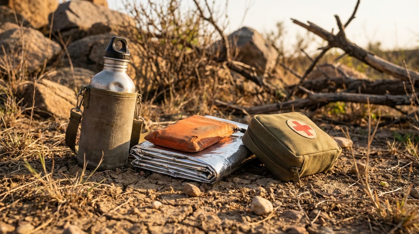 Podstawowe przedmioty przetrwania: woda, schronienie, apteczka, leżące na ziemi w plenerze