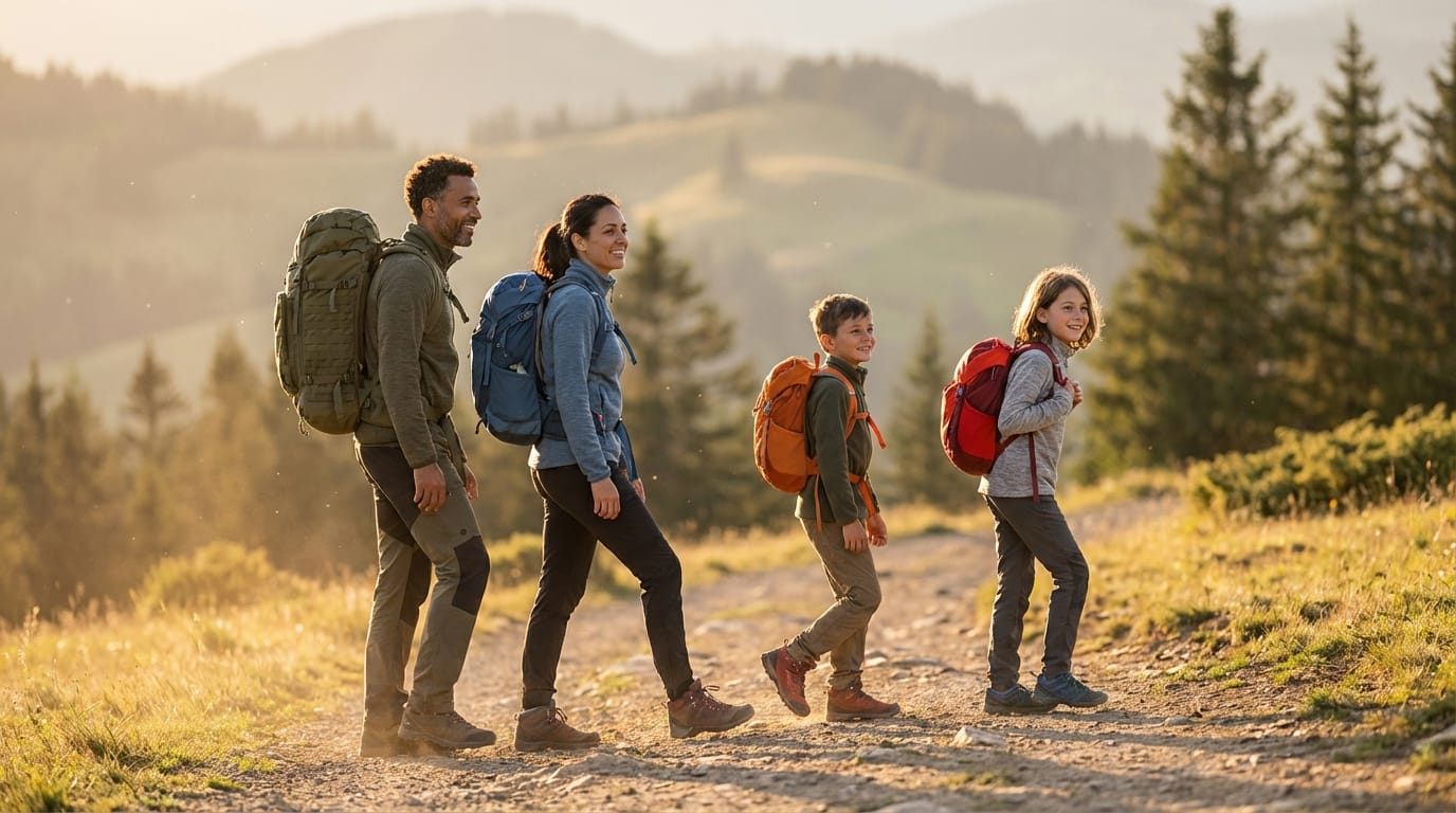 Rodzina w górach, każdy z plecakiem. Modułowy system plecaków, wędrówka, outdoor, turystyka rodzinna.