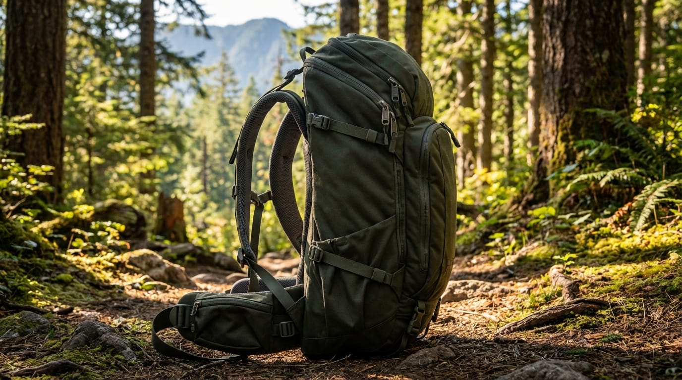 Zdjęcie głównego plecaka turystycznego 50-70l z pasem biodrowym, wytrzymałymi zamkami, na szlaku.