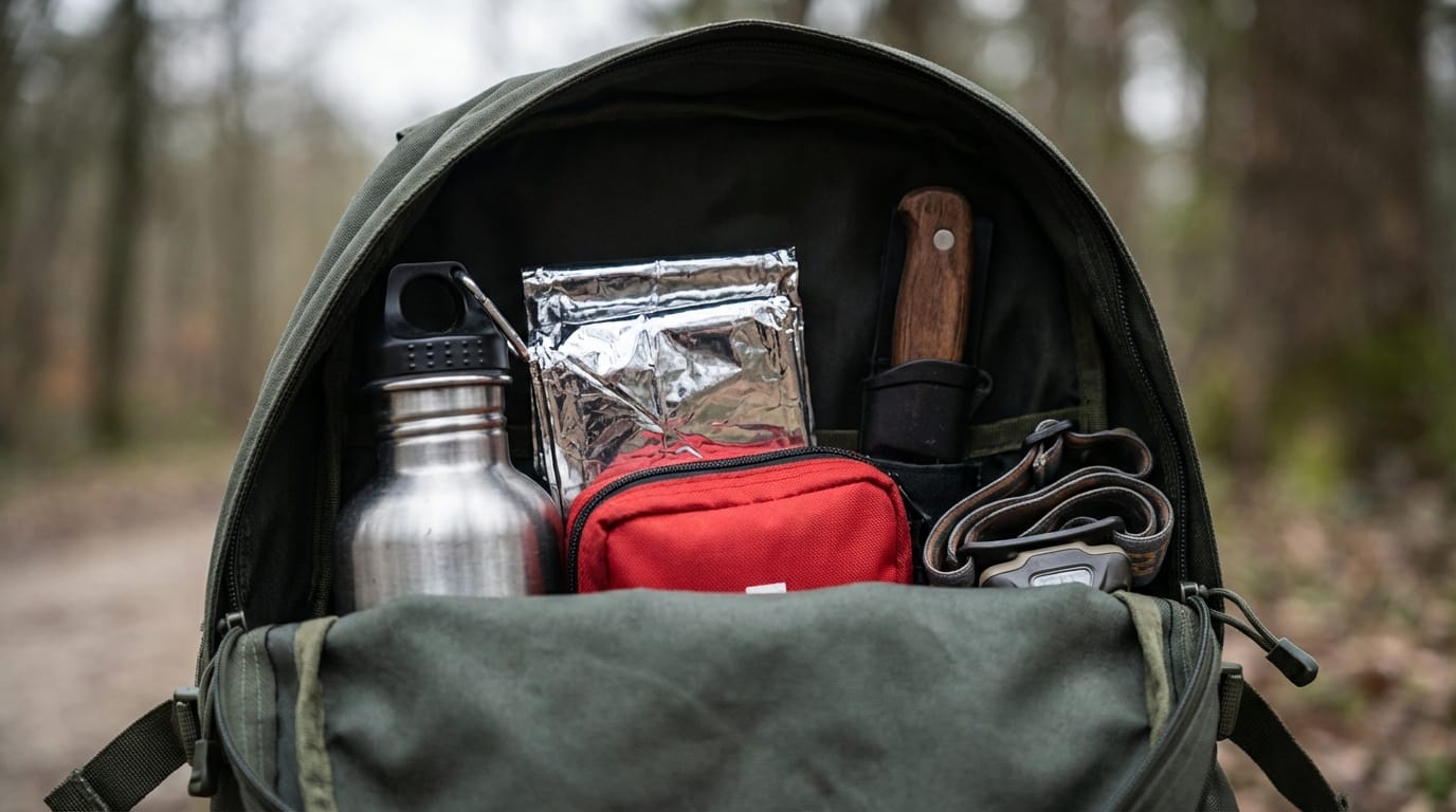 Duplikacja kluczowych zasobów w plecaku partnera: filtr wody, folia NRC, apteczka, nóż, latarka czołowa.
