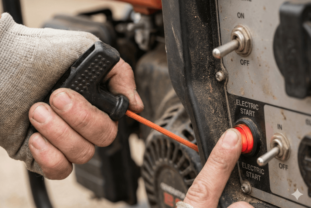 Ręczny szarpak oraz przycisk rozrusznika elektrycznego w agregacie.