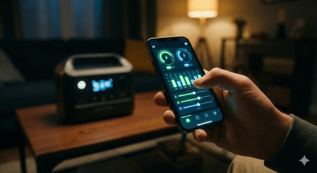 Dłoń trzymająca smartfon z włączoną aplikacją do zarządzania energią, w tle rozmyta stacja zasilania w salonie.