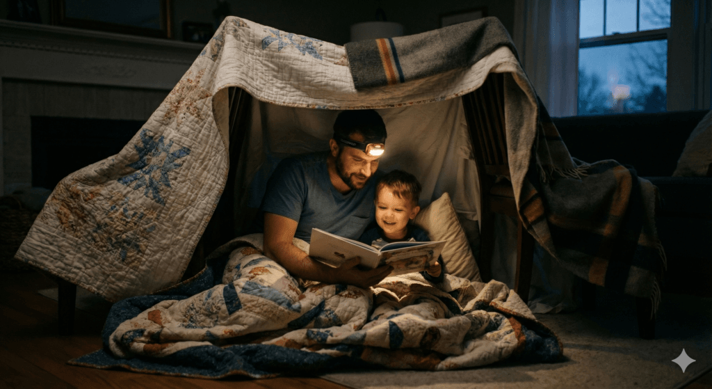 Ojciec z dzieckiem czytający książkę przy świetle latarki czołowej w bazie zbudowanej z koców.