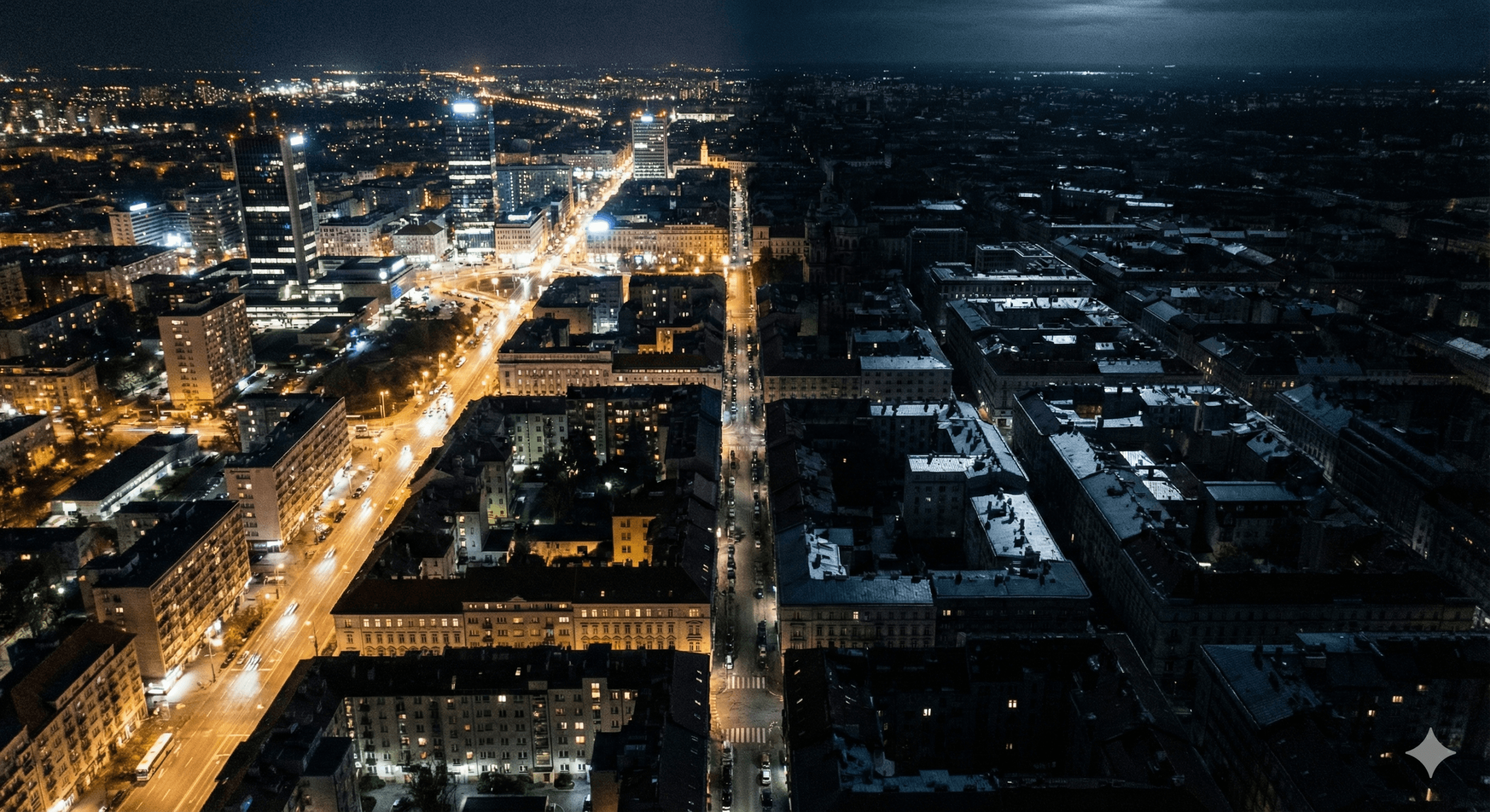 Nocna panorama miasta z lotu ptaka, gdzie połowa jest oświetlona, a druga połowa pogrążona w całkowitej ciemności blackoutu.
