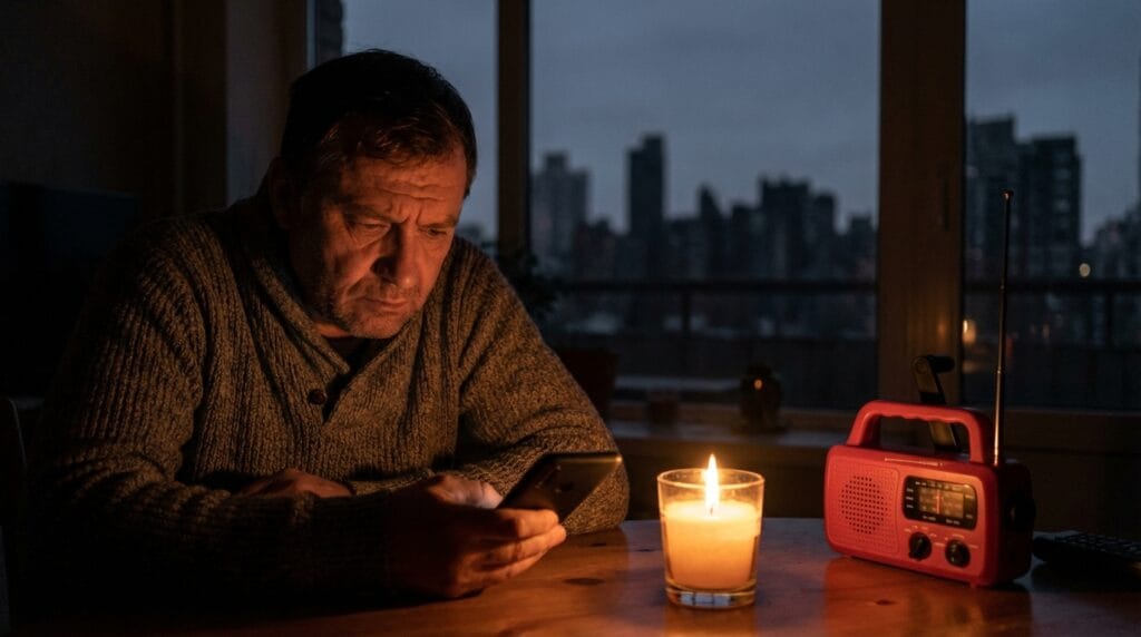 Mężczyzna w ciemności podczas blackoutu. Jak przygotować się na brak prądu i utratę łączności.