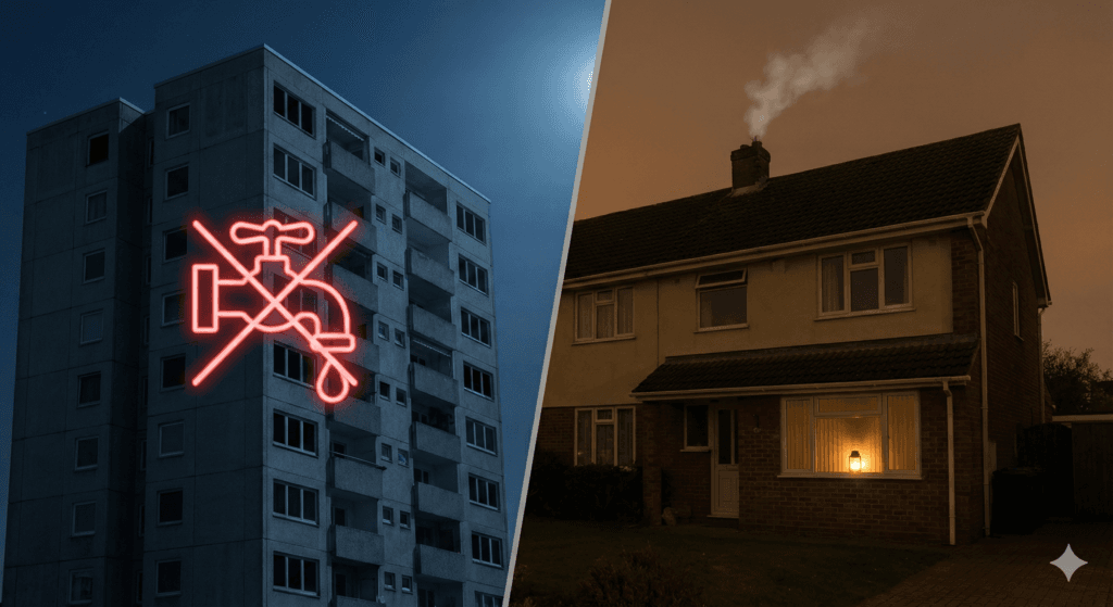 Porównanie (split screen) sytuacji w bloku bez prądu (brak wody, ciemne okna) i domu jednorodzinnego (dym z komina, awaryjne oświetlenie).