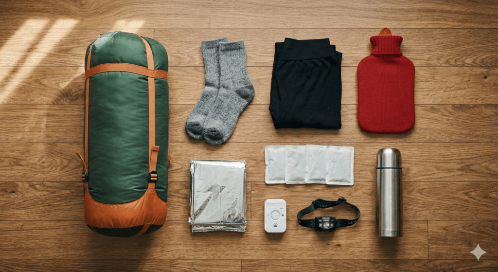 Zdjęcie typu flat lay przedstawiające zestaw awaryjny do ogrzewania mieszkania: śpiwór, termofor, wełniane skarpety, czujnik czadu, latarka, folia NRC i termos ułożone na drewnianej podłodze.