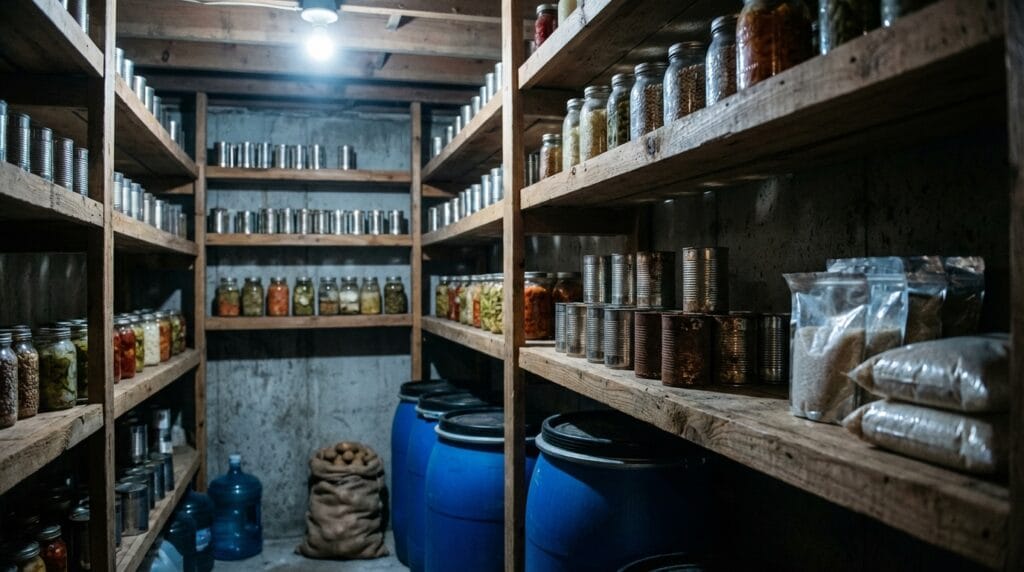 Żywność długoterminowa i awaryjna: Dobrze zorganizowane przechowywanie zapasów żywności w piwnicy. Półki z wekami i puszkami.