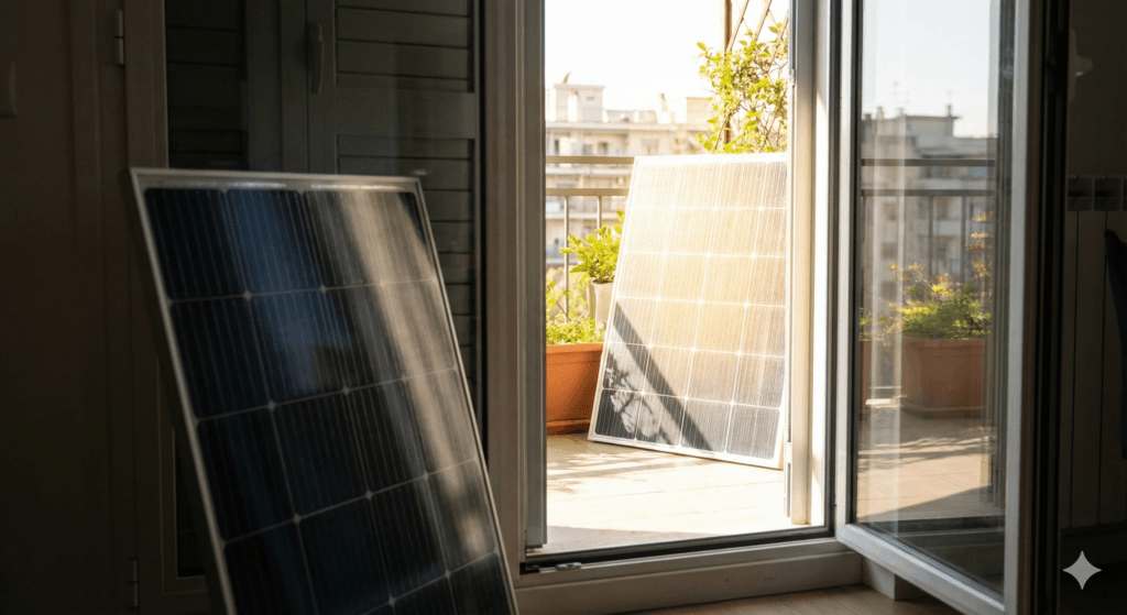 Widok przez otwarte drzwi balkonowe na dwa panele fotowoltaiczne: jeden stoi w cieniu wewnątrz mieszkania, a drugi w pełnym słońcu na balkonie.