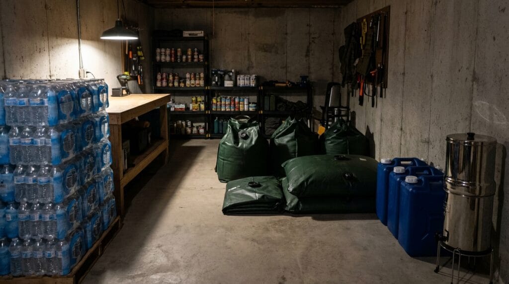 Domowy zapas wody na czarną godzinę. Butelki i pojemniki z wodą w piwnicy.