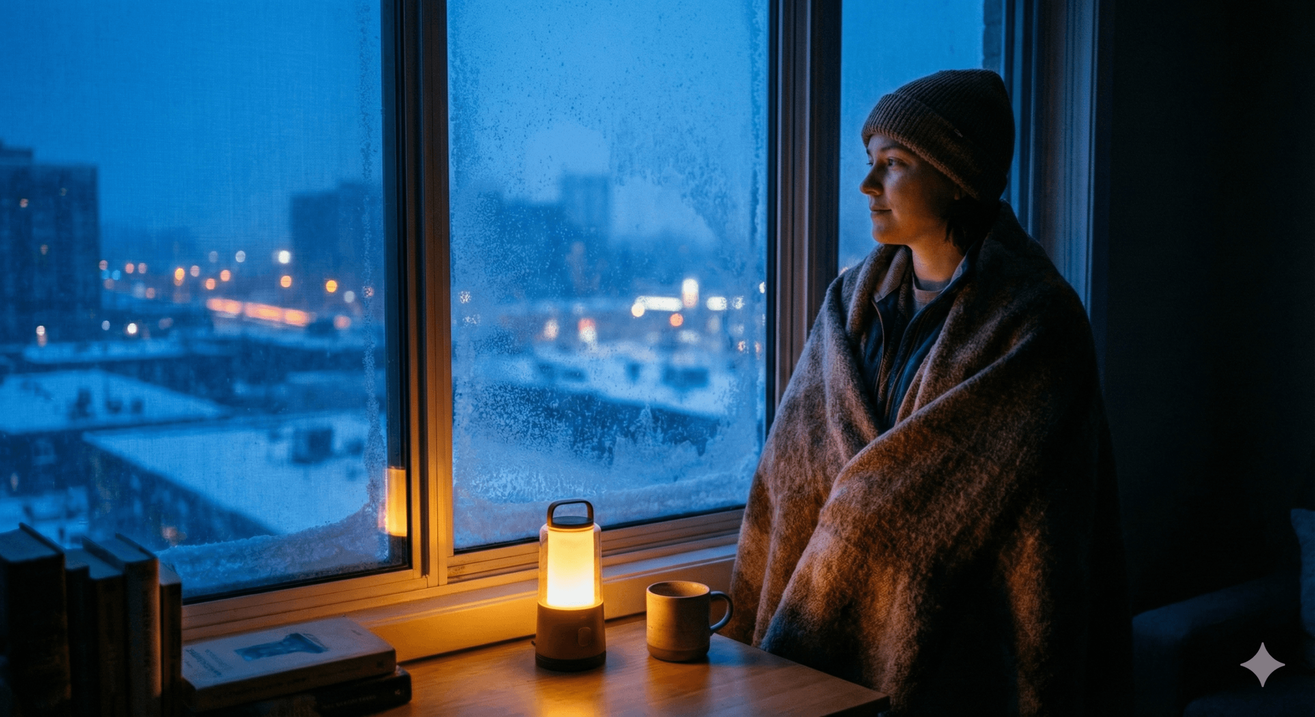 Osoba owinięta w gruby koc stoi przy oszronionym oknie w ciemnym mieszkaniu oświetlonym latarką.
