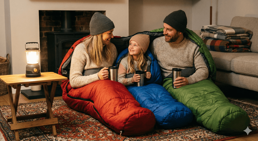 Rodzina w śpiworach w domu ogrzewanie bez prądu.