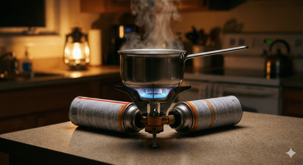 Kuchenka turystyczna na kartusze gazowe gotowanie wody.