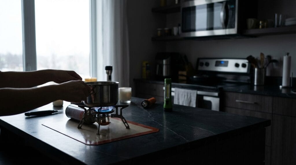 Gotowanie bez prądu na kuchence turystycznej w domu. Bezpieczne podgrzewanie jedzenia w kryzysie.