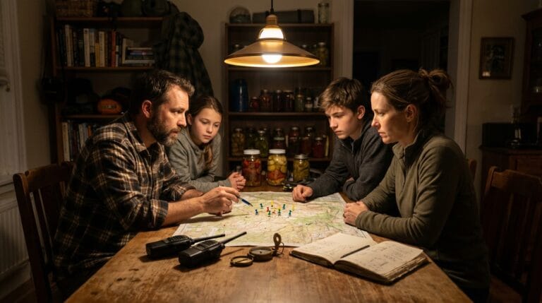 Łączność i komunikacja podczas blackoutu: Rodzina omawiająca rodzinny plan awaryjny przy stole z mapą i krótkofalówkami.