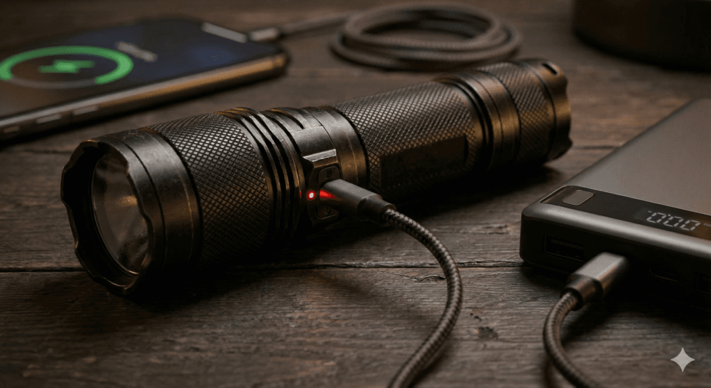 Latarka taktyczna podłączona kablem USB-C do powerbanka leżącego na stole.