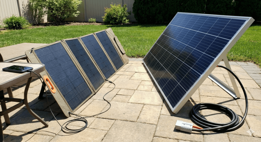 Porównanie małej ładowarki solarnej USB z dużym panelem fotowoltaicznym.