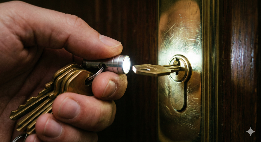 Maleńka latarka-brelok przyczepiona do kluczy oświetlająca zamek w drzwiach.