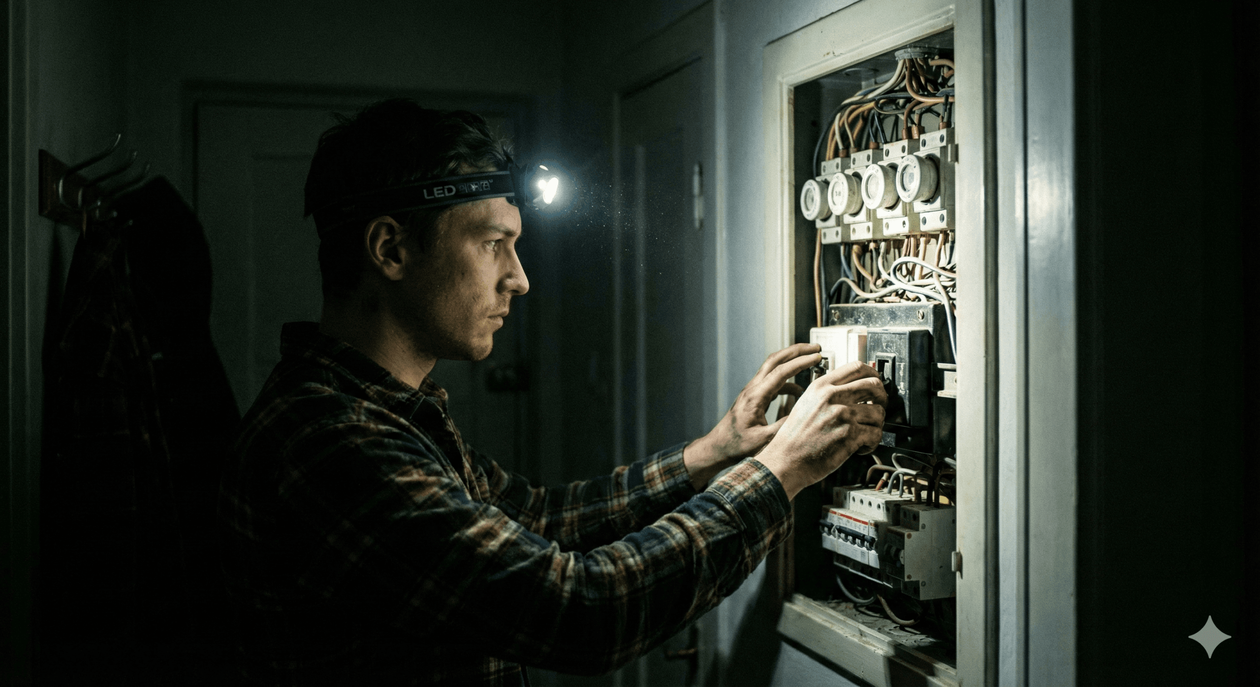 Mężczyzna w ciemnym korytarzu naprawiający bezpieczniki przy świetle latarki czołowej - latarka na brak prądu.