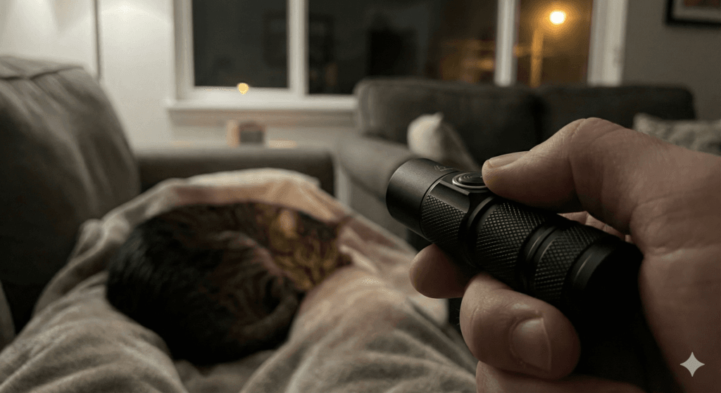 Dłoń trzymająca małą latarkę kieszonkową (EDC) świecącą słabym światłem w ciemnym pokoju.