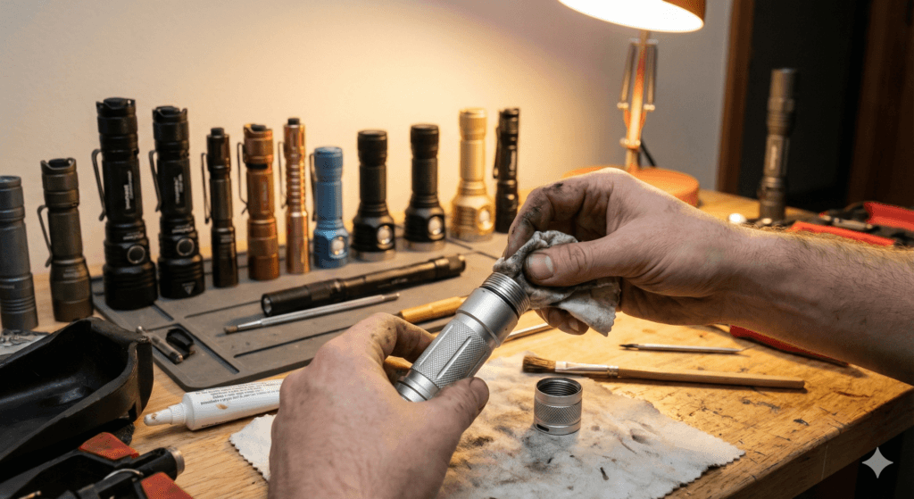 Czyszczenie i konserwacja latarki podczas przeglądu sprzętu awaryjnego.