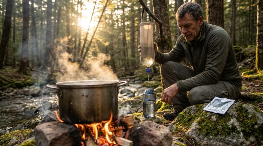 Pre-filtracja mętnej wody przez kawałek materiału do czystej butelki w lesie.