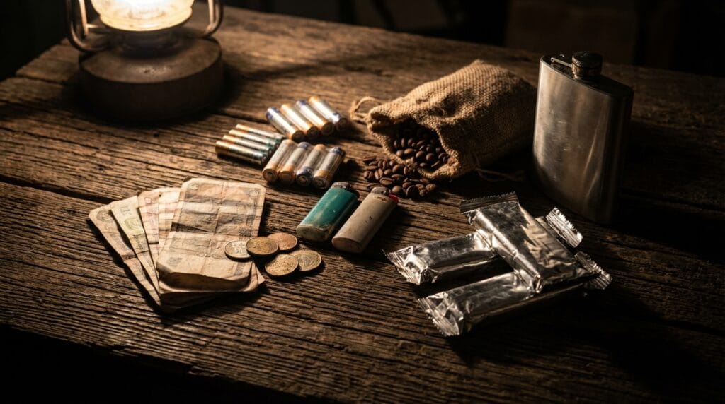 Gotówka na czas kryzysu i przedmioty na handel wymienny: baterie, zapalniczki, alkohol, kawa.