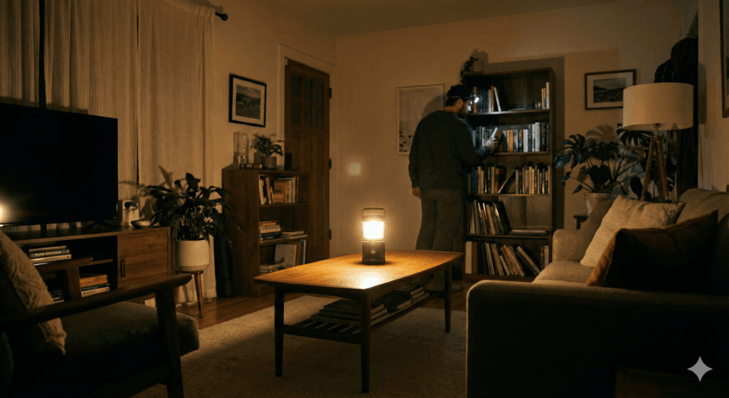 Oświetlenie awaryjne w domu lampa kempingowa i czołówka.