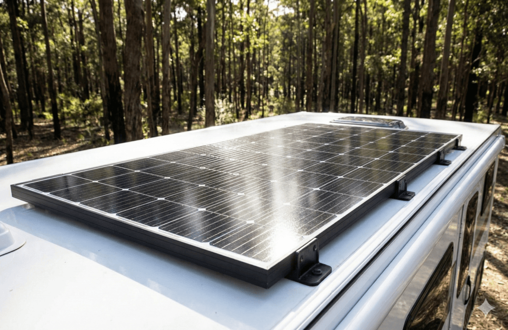 Panel fotowoltaiczny zamontowany na dachu kampera