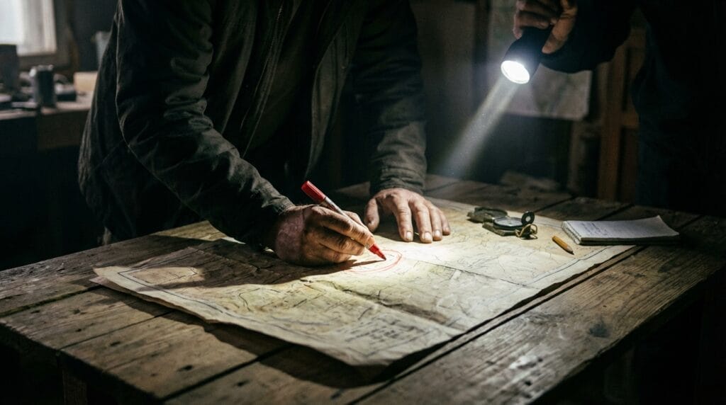 Osoba planująca na papierowej mapie jak wezwać pomoc bez telefonu w sytuacji kryzysowej.