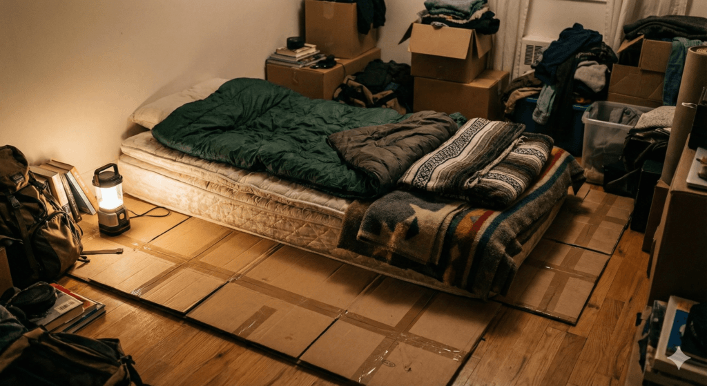 Materac położony na warstwie kartonów na podłodze w małym pokoju, przygotowany do spania w zimnym mieszkaniu.
