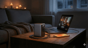 Powerbank awaryjny zasilający telefon i laptopa w ciemnym mieszkaniu podczas awarii prądu.