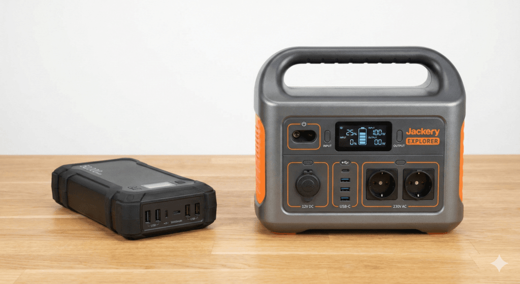 Bezpośrednie porównanie wielkości: duży powerbank awaryjny 50 000 mAh (po lewej) stojący obok znacznie większej przenośnej stacji zasilania z widocznymi gniazdkami 230V (po prawej).