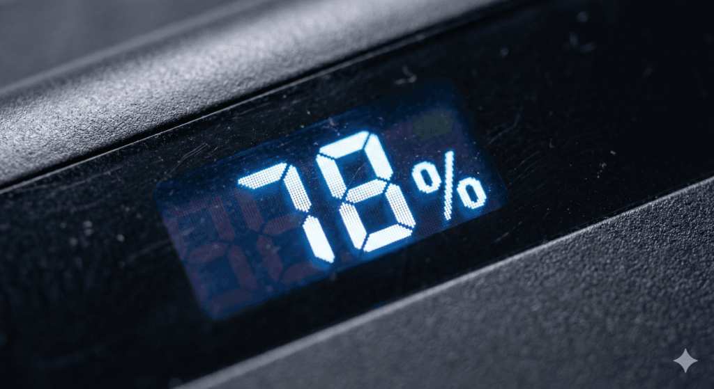 Zbliżenie na cyfrowy wyświetlacz LCD w powerbanku awaryjnym pokazujący dokładny procent naładowania baterii.