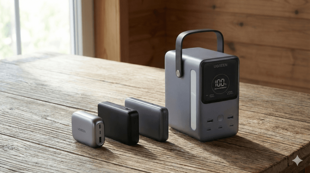 Porównanie wielkości powerbanków: 10000 mAh, 20000 mAh i duży powerbank awaryjny 50000 mAh.