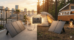 Przenośny panel fotowoltaiczny używany na balkonie w bloku oraz na kempingu w lesie.