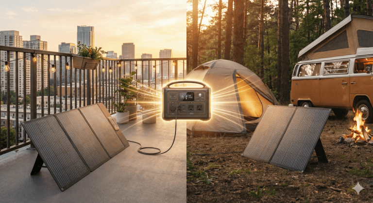 Przenośny panel fotowoltaiczny używany na balkonie w bloku oraz na kempingu w lesie.